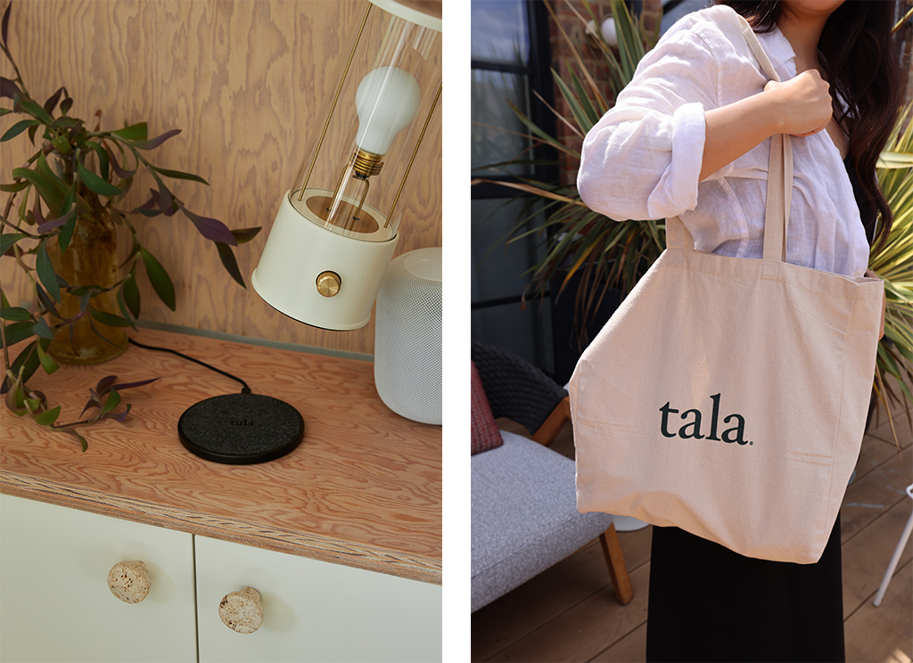 2 images in one, on the left shows a wireless charger designed for the muse and in the 2nd image is Talas canvas tote bag