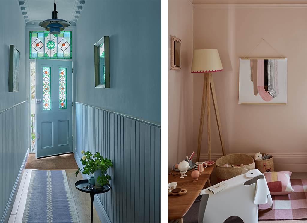 A hallway colour washed in selvedge blue and a kids room colour washed in setting powder pink