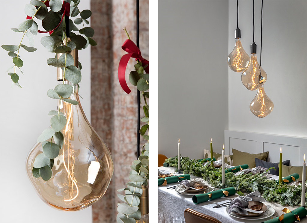 2 images in one, 1st image displays the Voronoi single pendant with mistletoe and the 2nd displays a dining table dressed for Christmas with the Voronoi Triple Pendant hanging from above