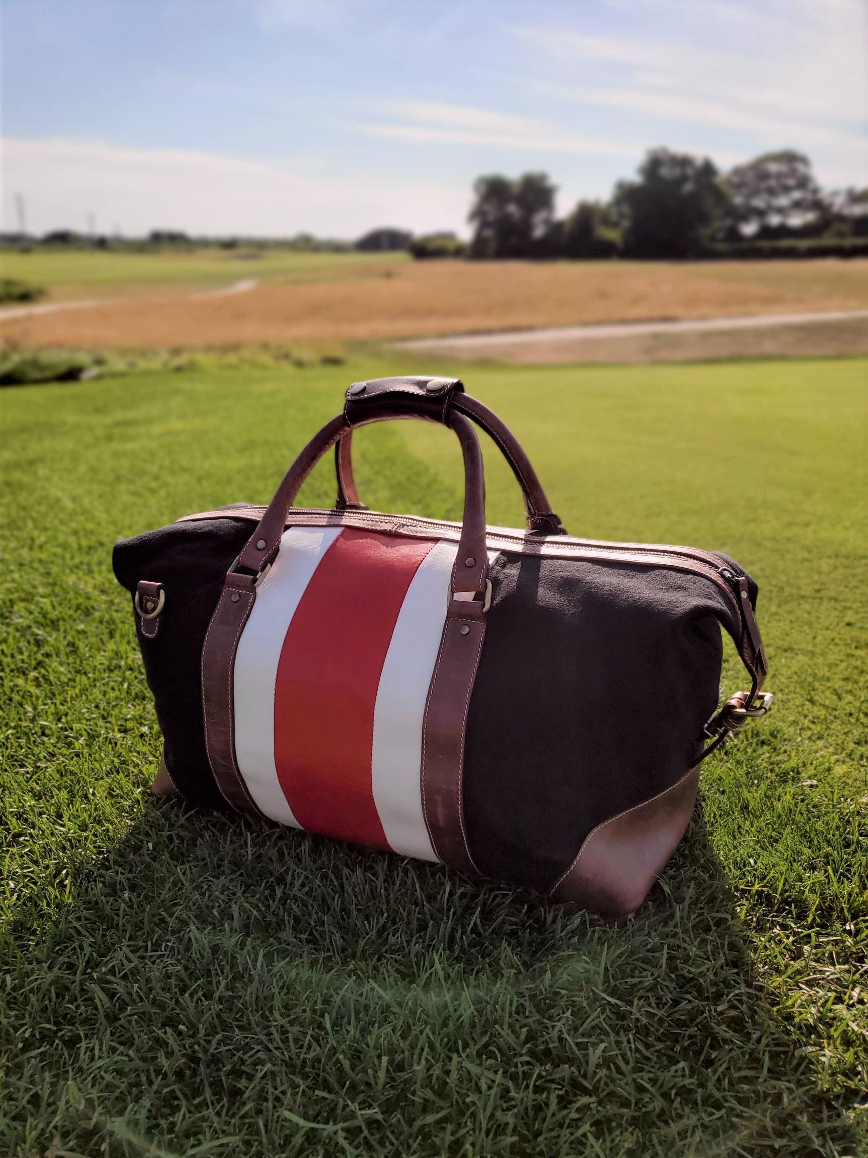 Black Canvas Striped Leather Duffle Bag