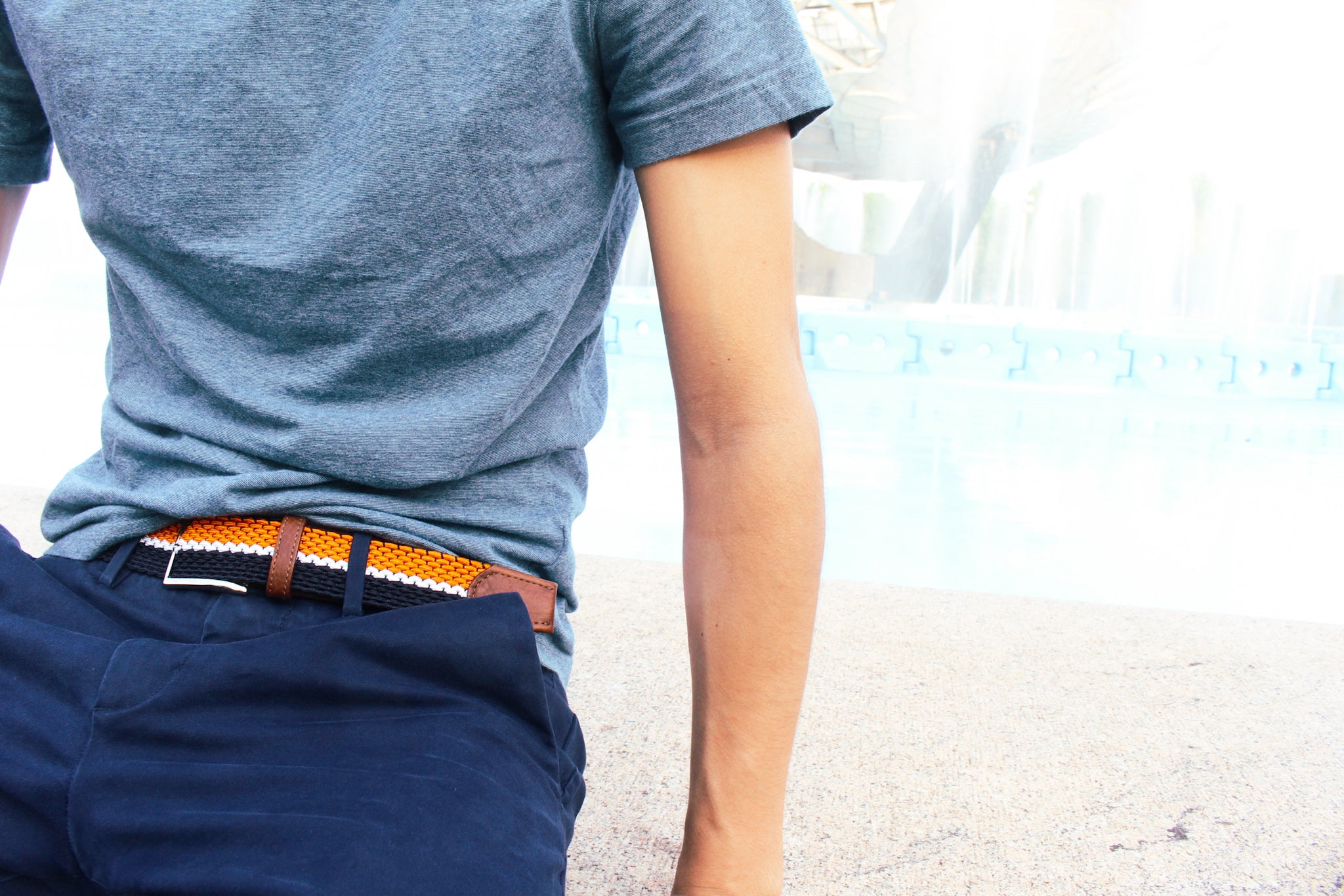 Navy White & Orange Striped Elastic Stretch Belt