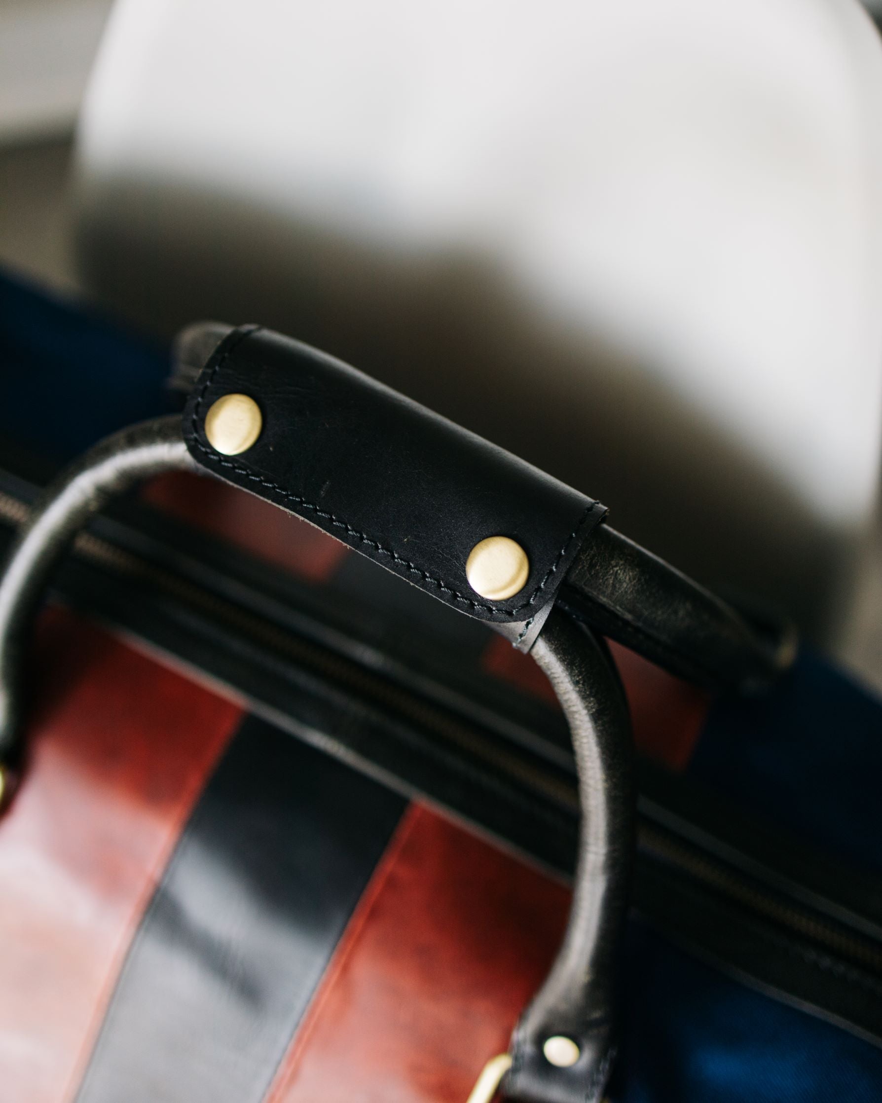 Red & Black Leather Striped Canvas Duffle Bag