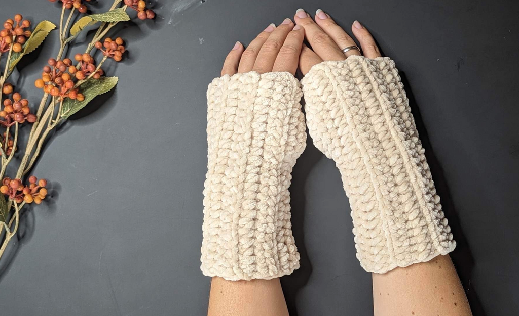 Beige crocheted fingerless gloves in soft polyester yarn