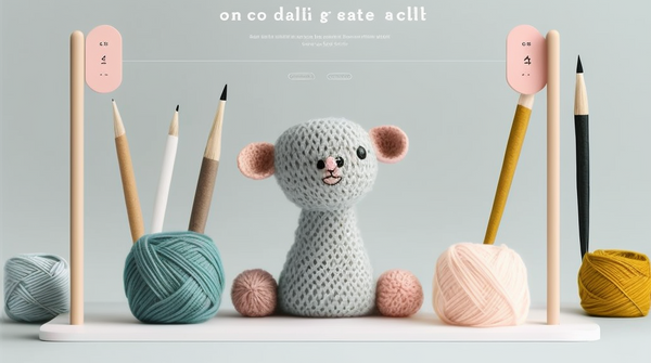 A crocheted amigurumi bear sitting between crochet hooks and knitting needles on a table, animted pixar style 3D