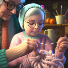 Young girl sitting with her grandmothers lap, she is learning to crochet