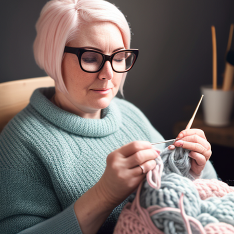 A woman sitting in a chair crocheting or knitting