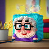 A crocheted Granny square, animated Pixar style