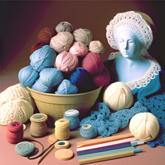 A massive selection of crochet supplies, arranged on a table top.