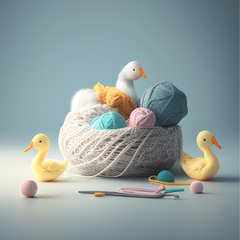 A basket of crocheted ducks, animated 3D