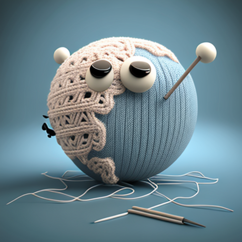 Crochet abbreviations and terms, symbolized by a crochet blue planet with eyes, on a blue background