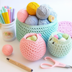 A lot of pastel colored crochet supplies on a table.