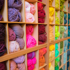 Skeins of yarns laying on a shelf