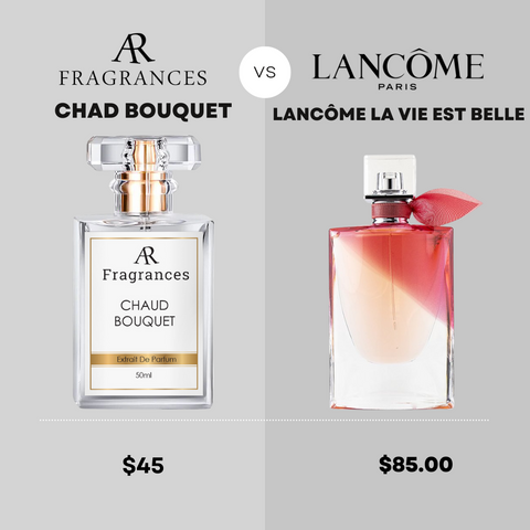 Lancôme La Vie Est Belle vs  Asorock Fragrances' dupe perfume "Chaud Bouquet"
