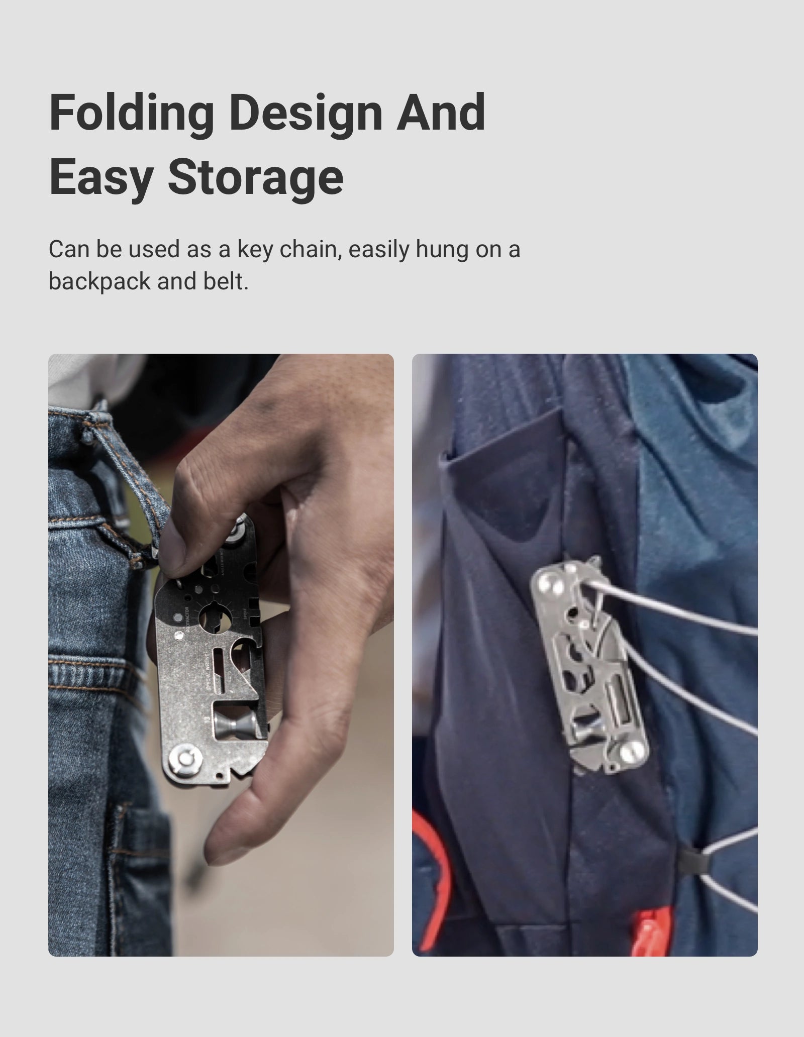 Folding Design And Easy Storage Can be used as a key chain, easily hung on a backpack and belt.