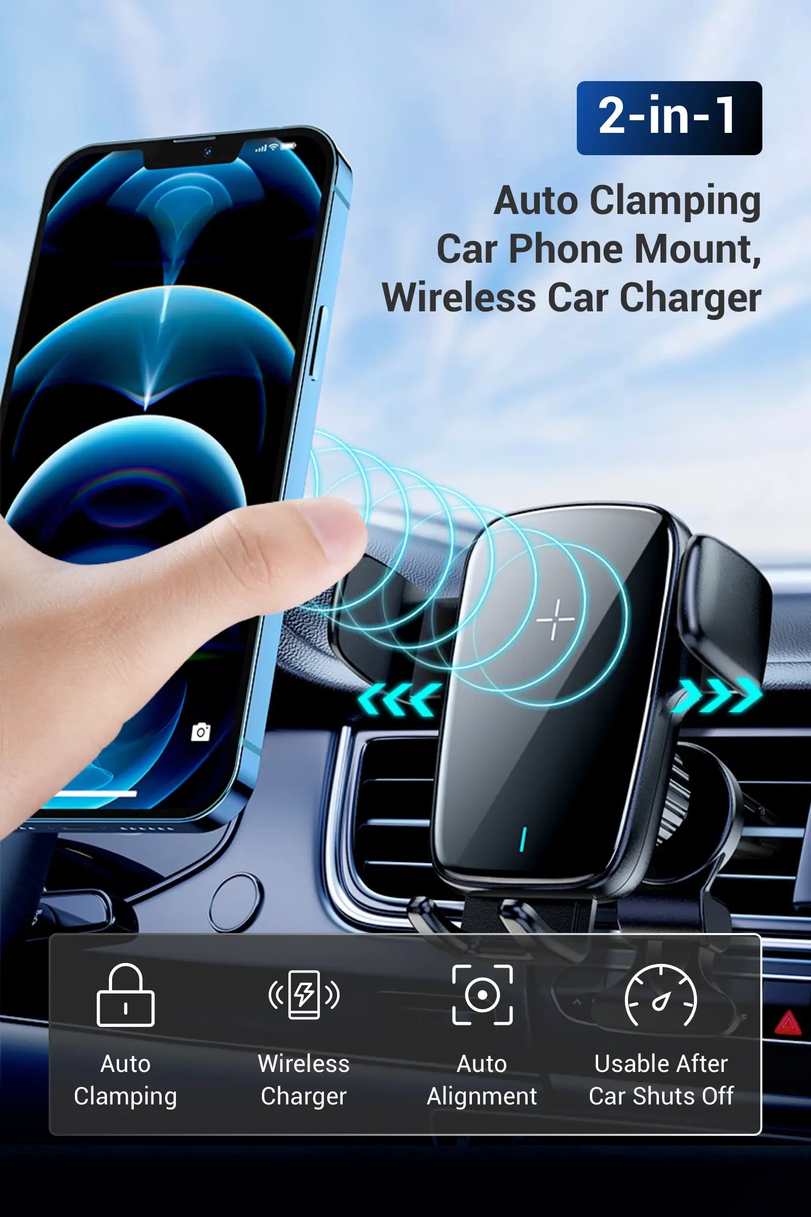 Auto Clamping Car Phone Mount, Wireless Car Charger