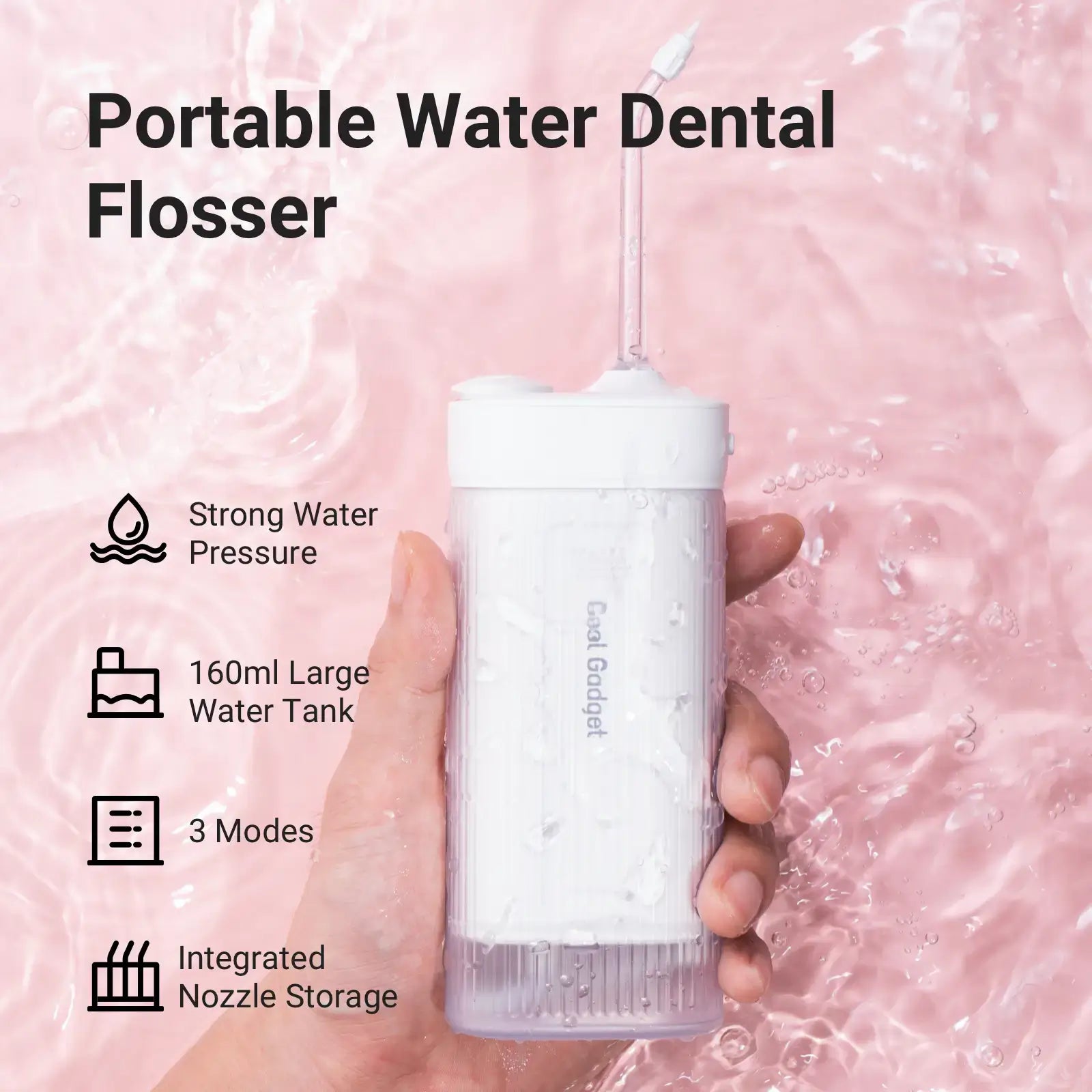 Portable Water Dental Flosser - Strong Water Pressure- 3 Modes- 160ml Large Water Tank- Integrated Nozzle Storage