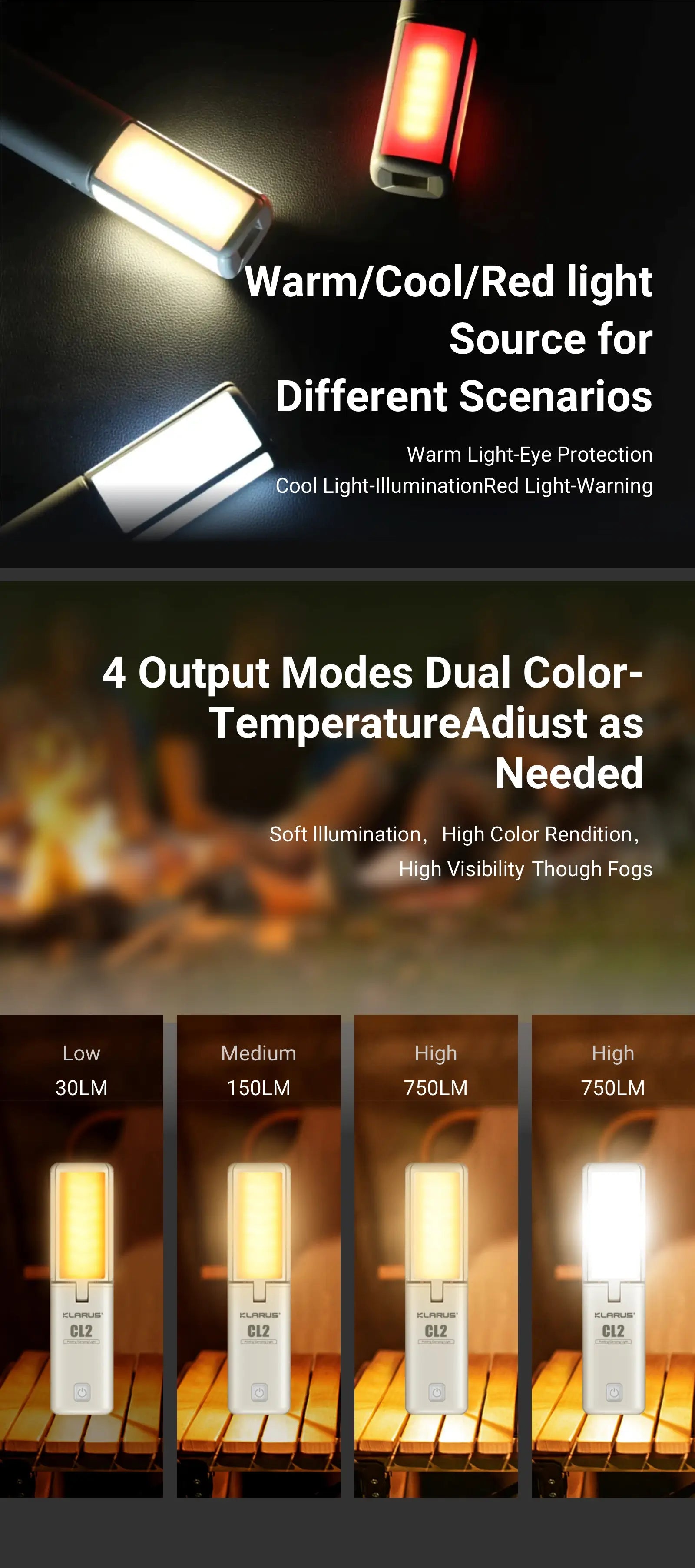 Warm/Cool/Red light Source for Different Scenarios Warm Light-Eye Protection Cool Light-Illumination Red Light-Warning