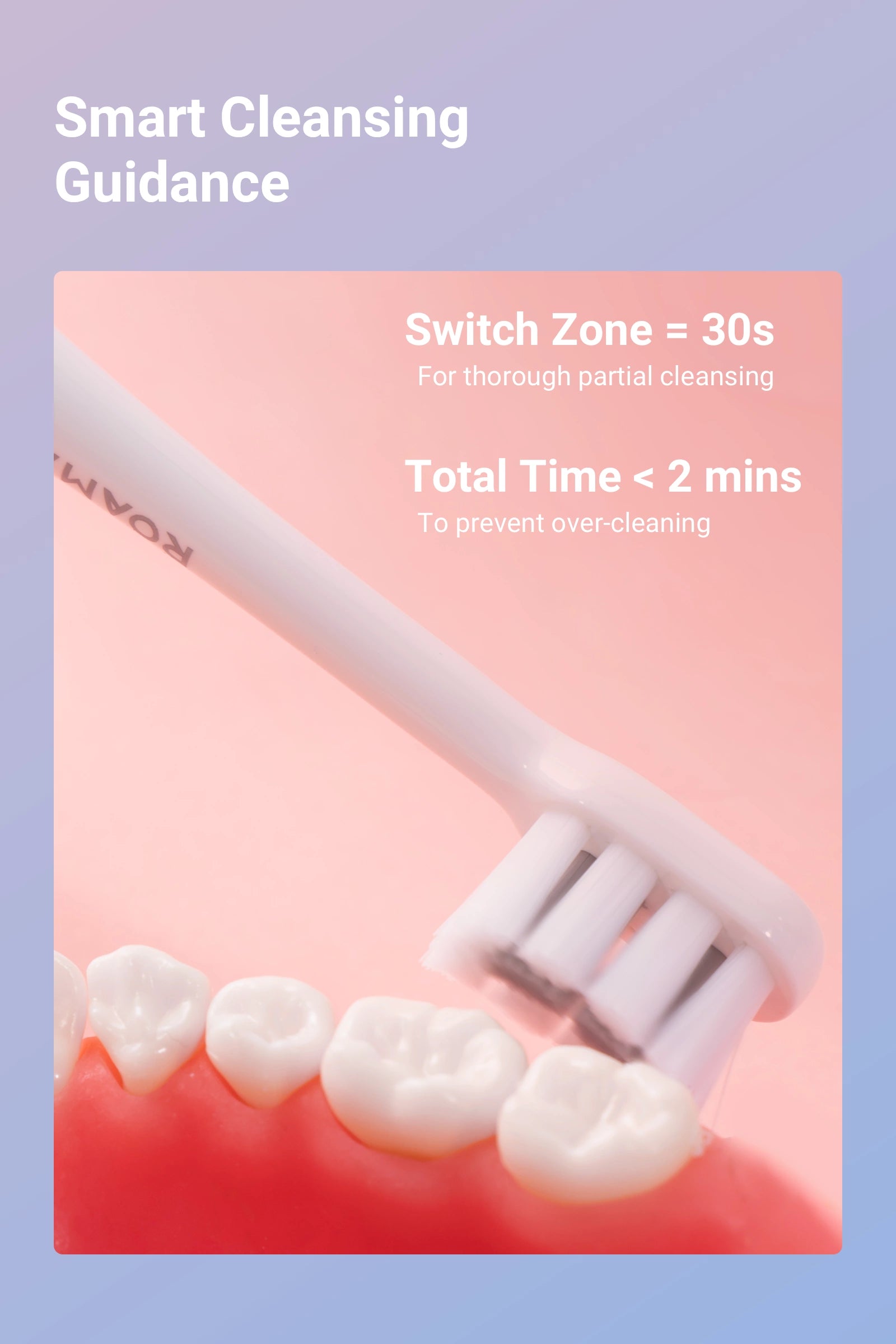 Smart Cleansing Guidance  Switch Zone = 30s   For thorough partial cleansing Total Time < 2 mins   To prevent over-cleaning