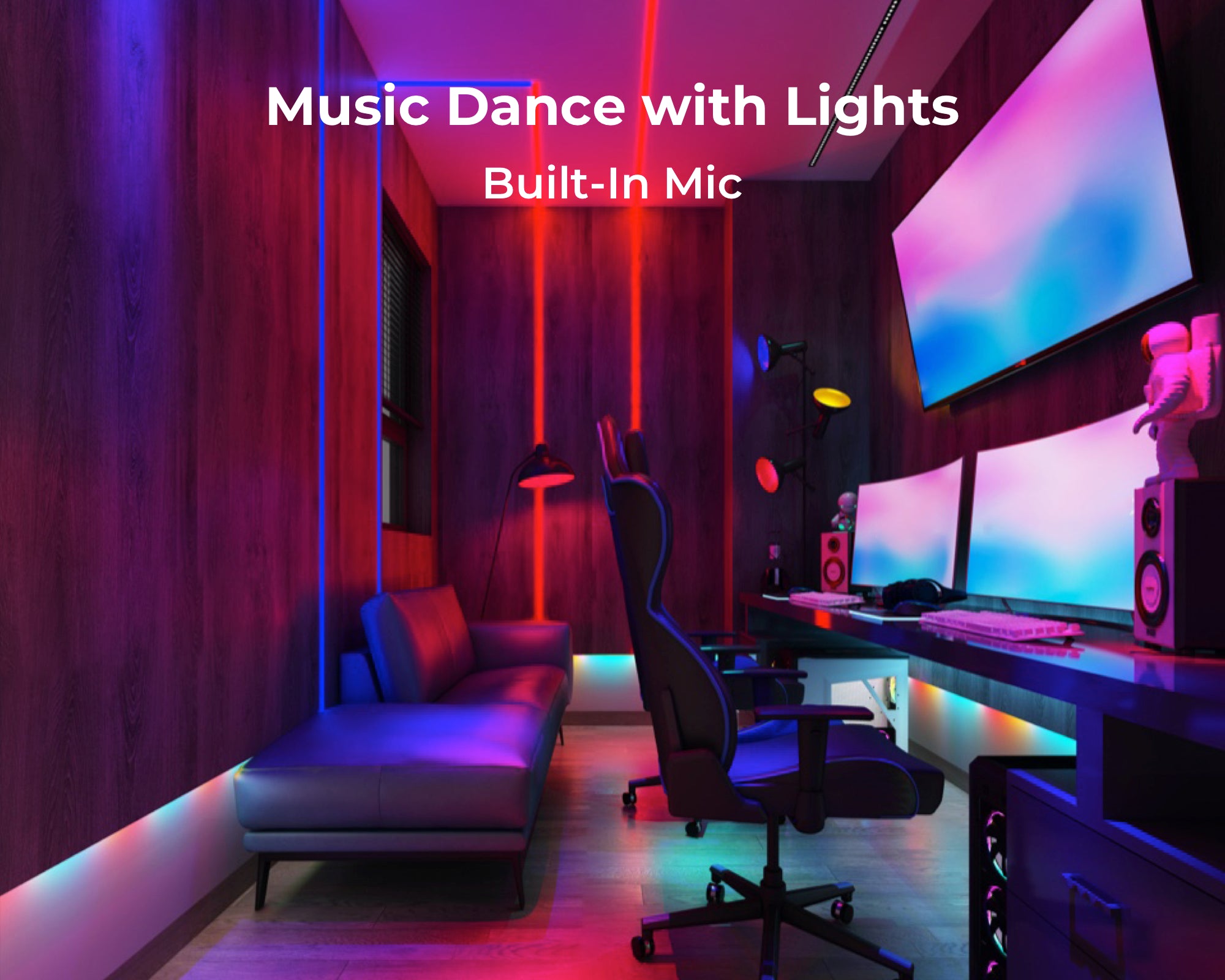 The built-in high-sensitive mic changes with the beat of music or voice. The RGB light strip boasts 60 LED light beads per 3.3 ft whose performance is way smoother than ordinary light strips with 24 or 30 beads.