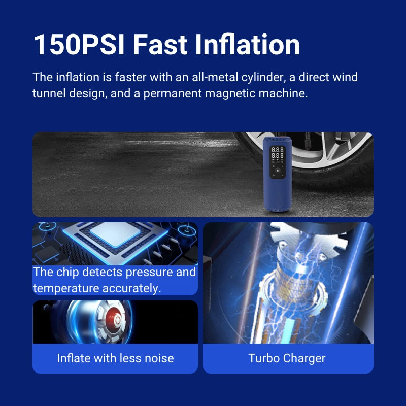 The inflation is faster with an all-metal cylinder, a direct wind tunnel design, and a permanent magnetic machine.