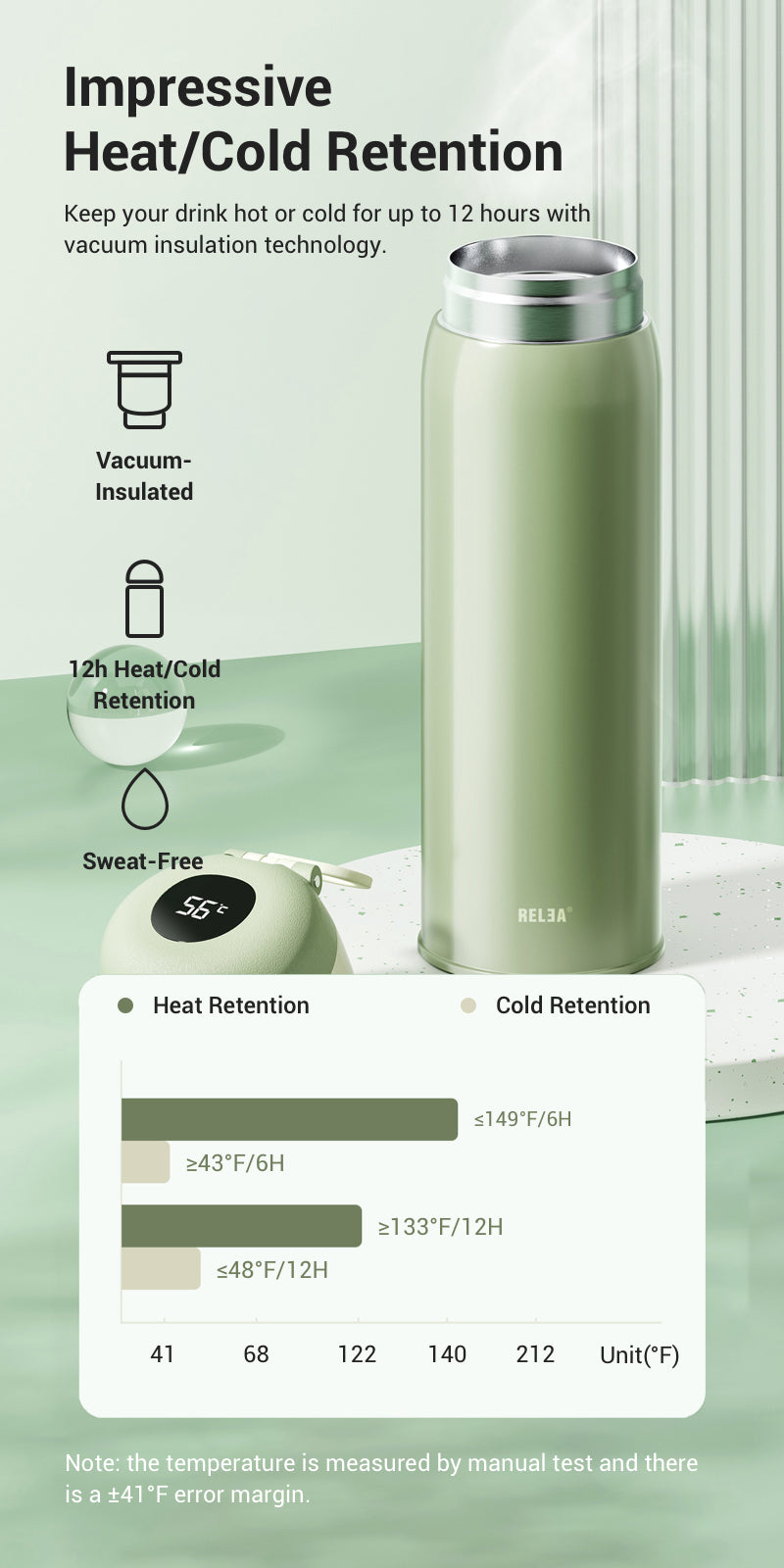 Keep your drink hot or cold for up to 12 hours with vacuum insulation technology.