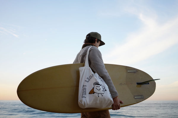 First Light Surf Club San Diego Encinitas Carlsbad Oceanside beach canvas tote bag