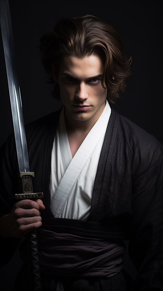 a handsome man with cheap katana