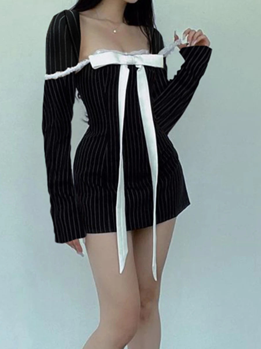 Stripe Print Mini A-Line Dress with Bow Detail - Image 6
