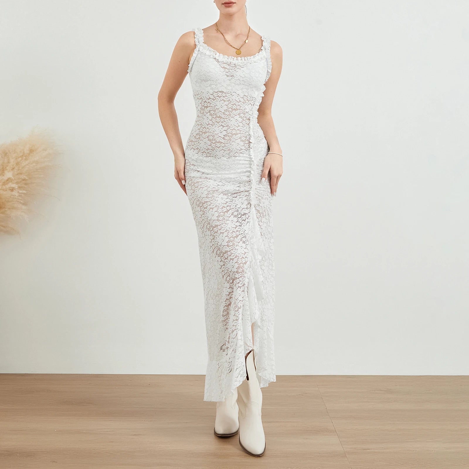 Sheer Backless Lace Dress with Ruffles and Slit for Summer - Image 4