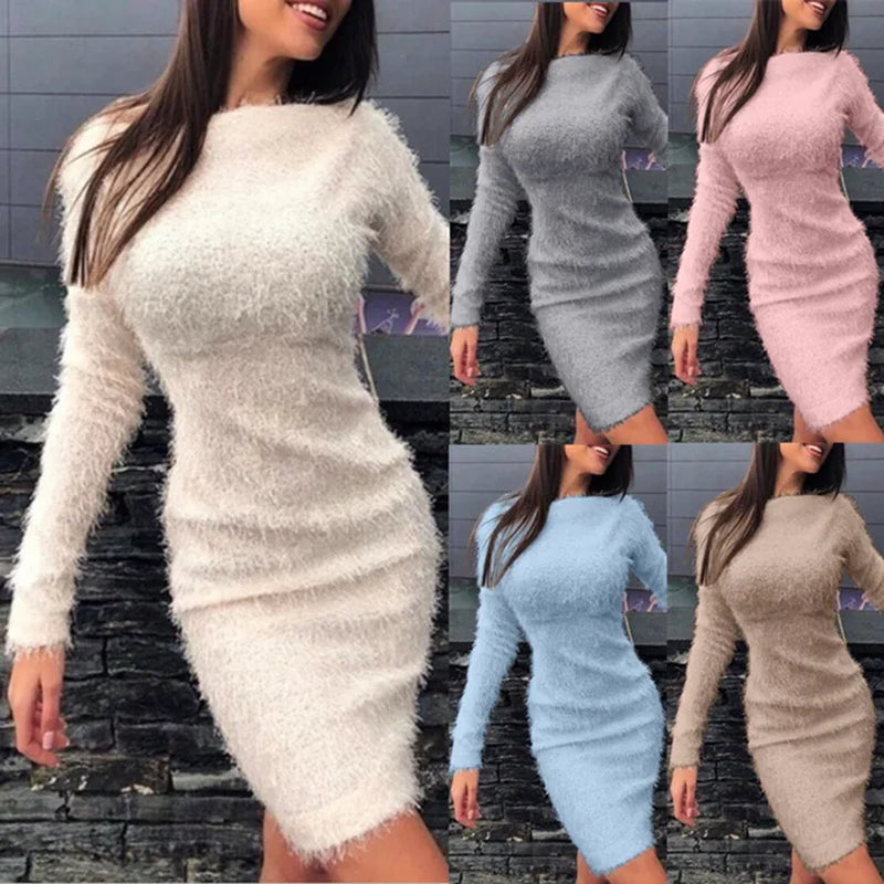Elegant High Waist Long Sleeve Plush Party Dress for Women - Image 3