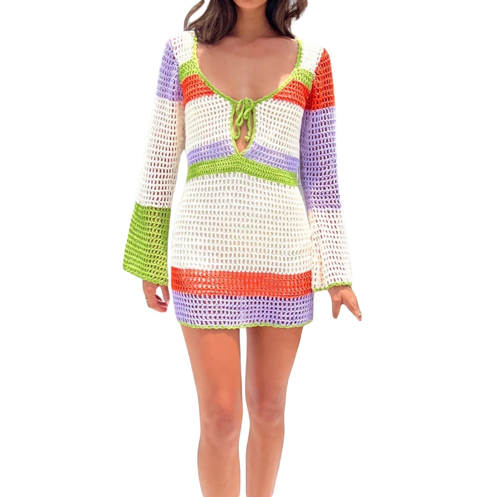 Summer Beach Cover-Up Dress with Long Sleeves & Cutout - Image 5