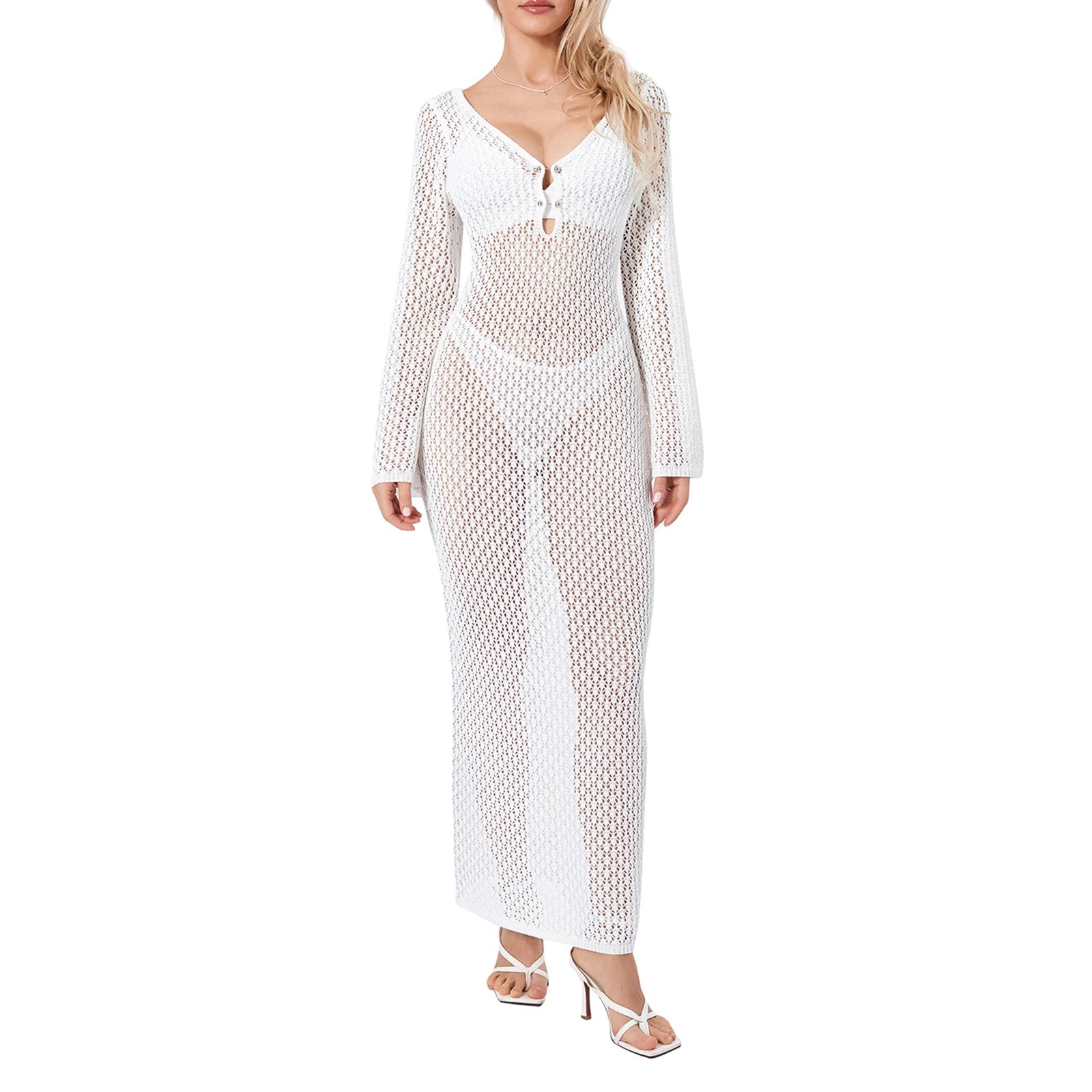 Women's Hollow-Out Deep V-Neck Long Sleeve Knit Dress - Image 3