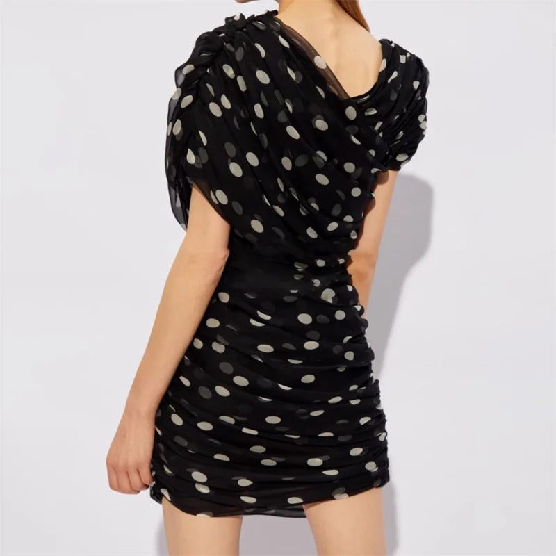 Summer Polka Dot Mini Dress - Pleated Asymmetrical Style - Image 3