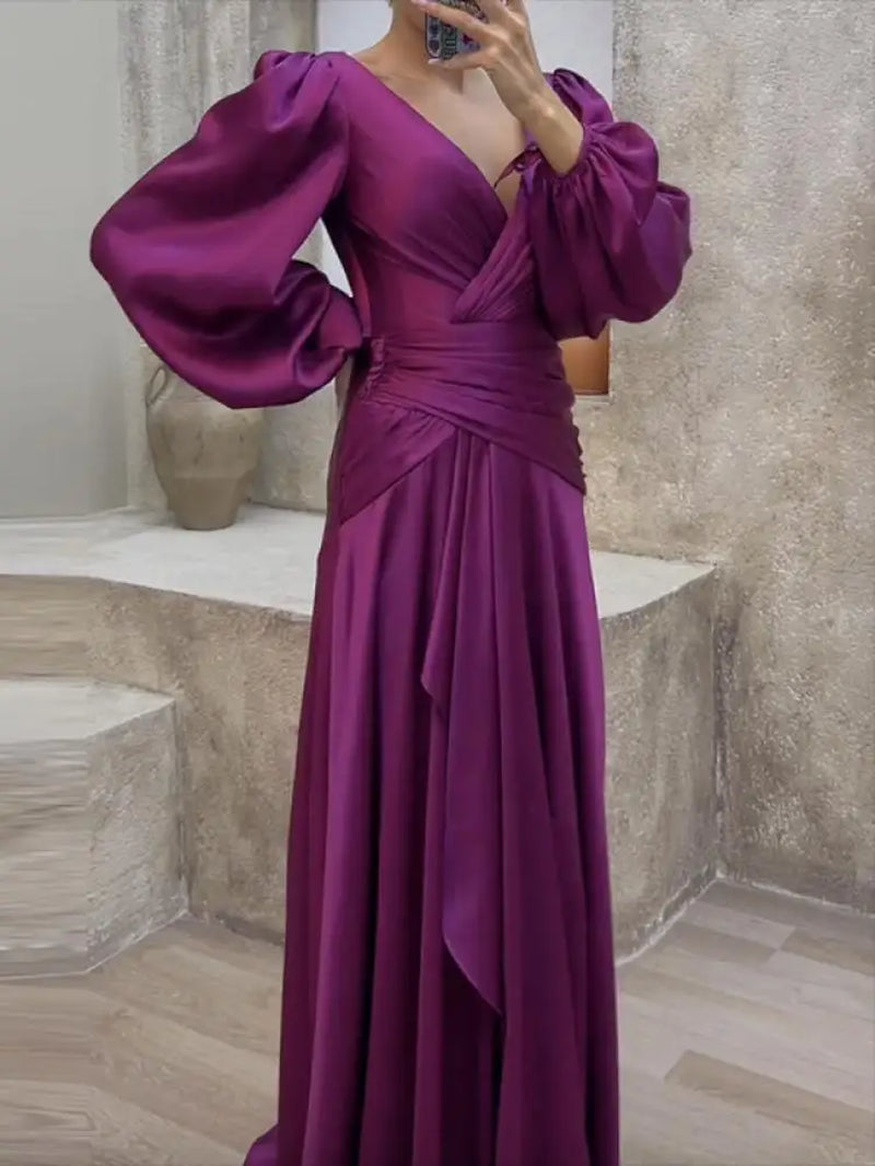Elegant Solid Color V-Neck Puff Sleeve Bridesmaid Dress - Image 6