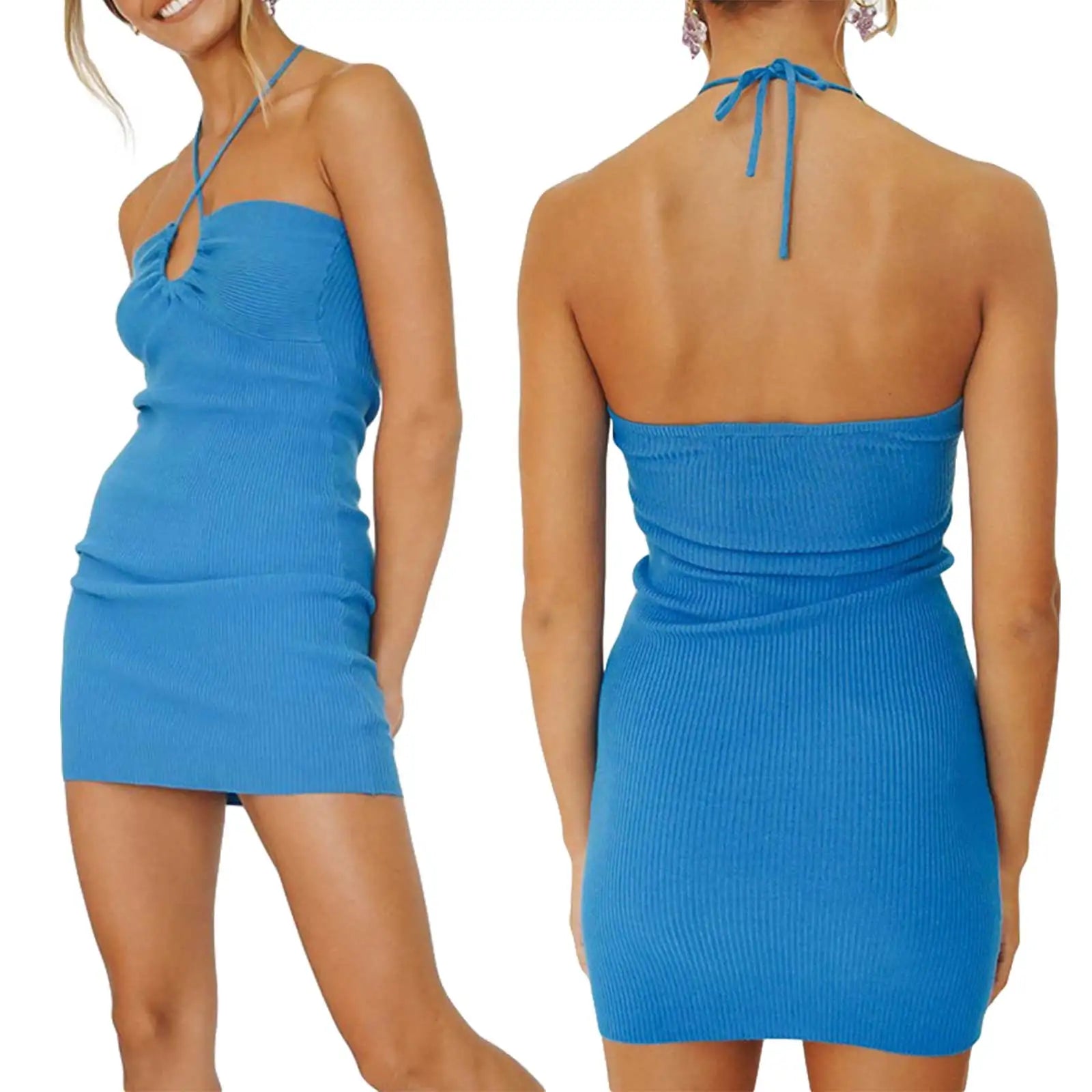 Backless Halter Knitted Bodycon Mini Dress for Summer - Image 3