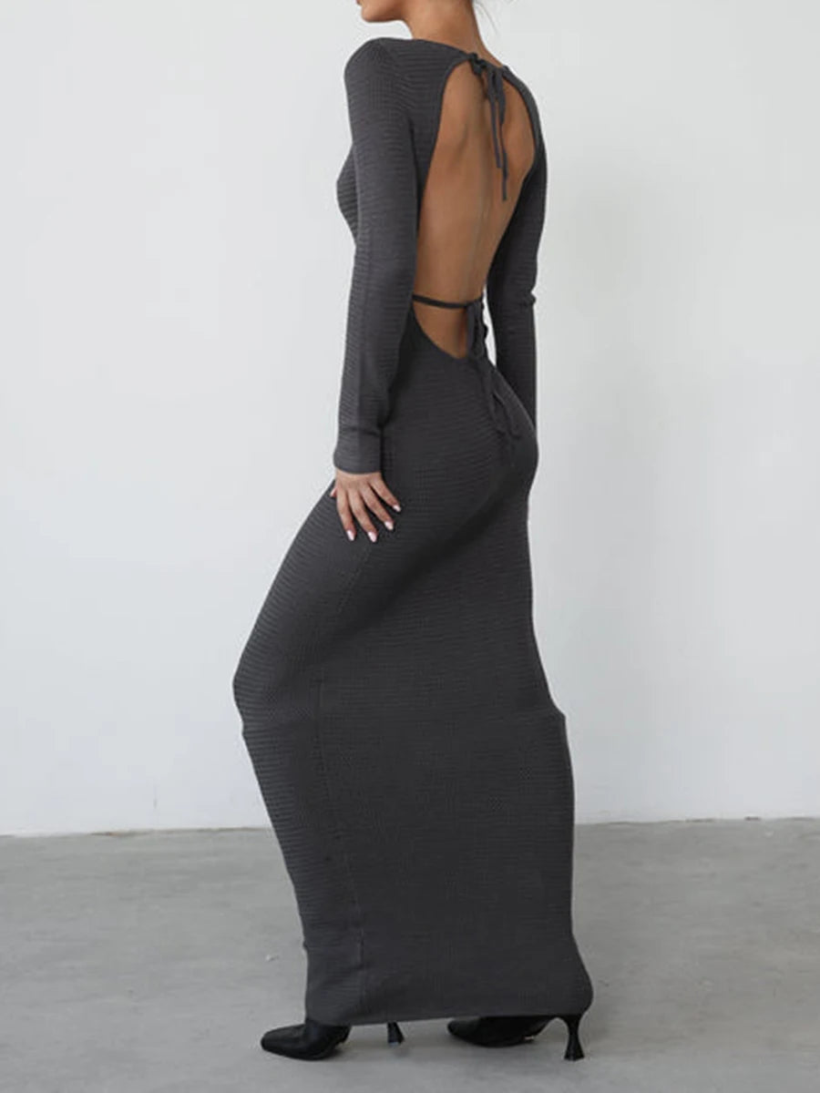 Elegant Long Sleeve Open Back Evening Dress for Women - Image 7