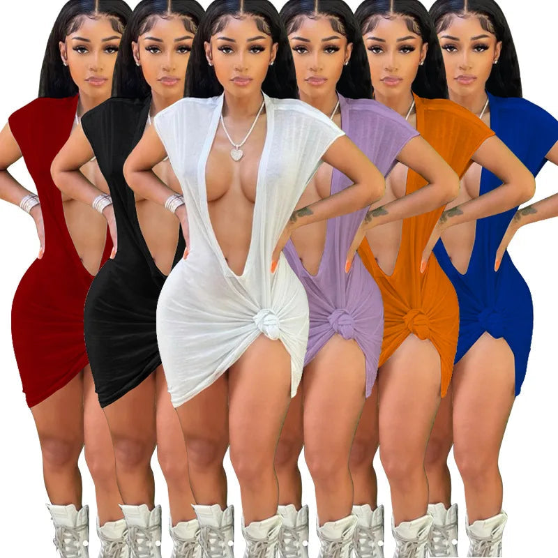 Solid Color Sleeveless Deep V-Neck Bodycon Party Dress - Image 3