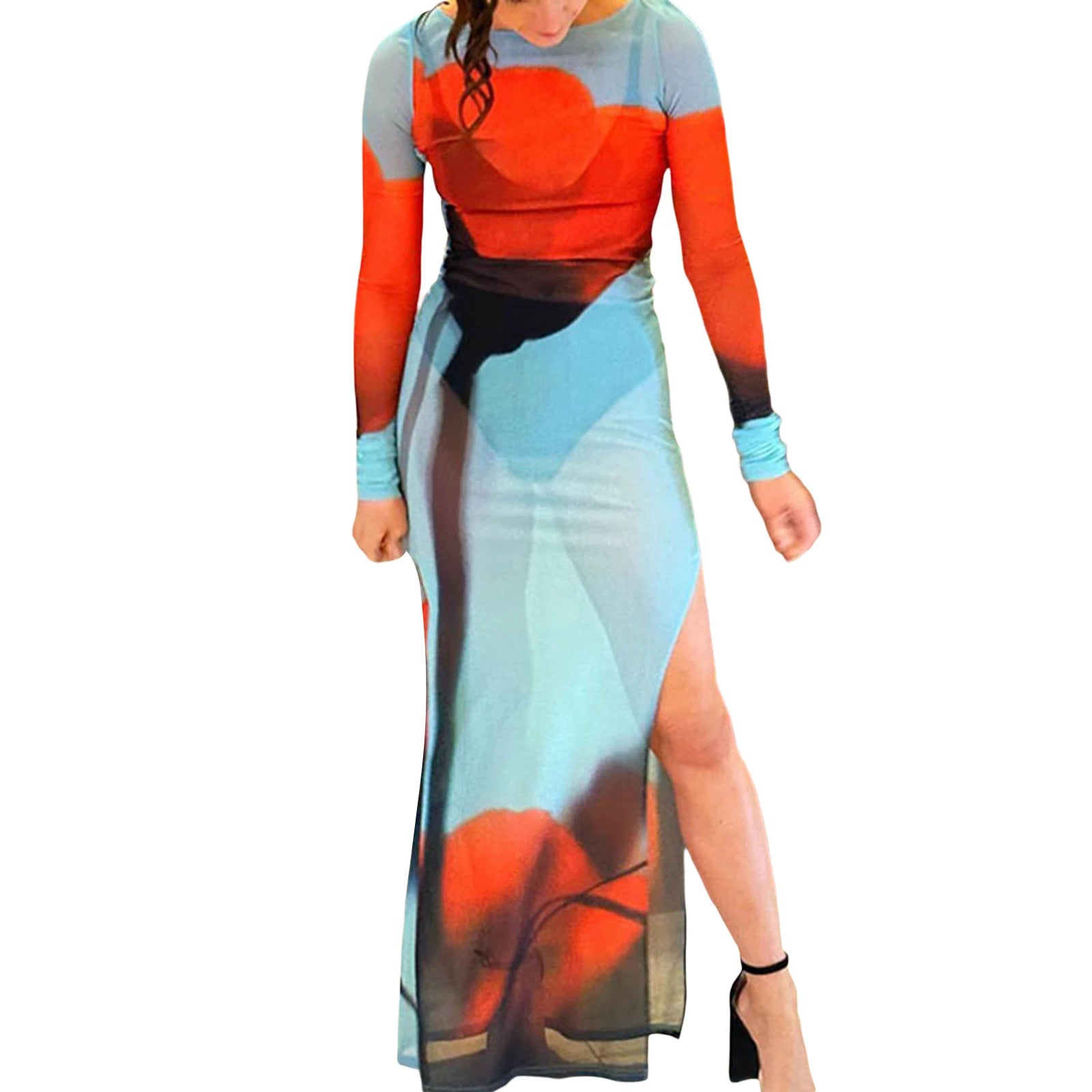 Floral Print Sheer Mesh Midi Dress with Side Split - Image 4