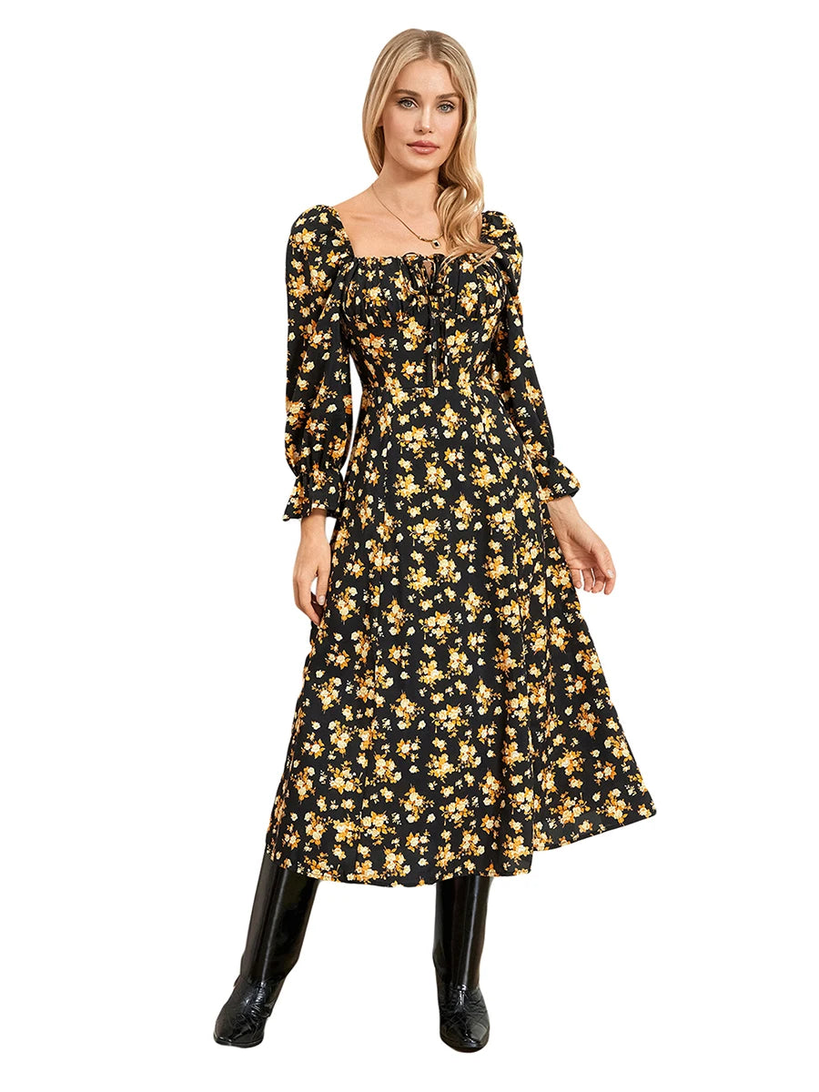 Floral Long Sleeve Square Neck Tie-Up Dress for Women - Image 3