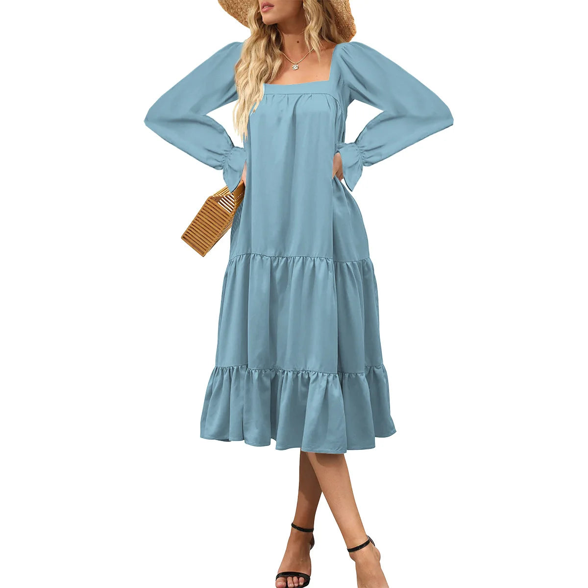 Women's Solid Color Square Collar Loose Pleated Beach Dress - Image 8