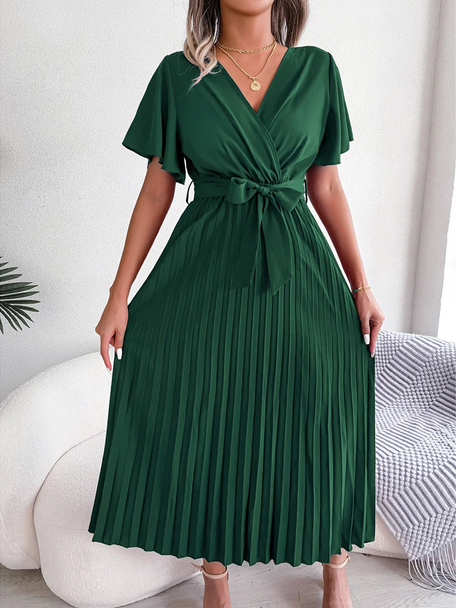 Elegant V-Neck Bow Casual Summer Dress with Belt - Image 7