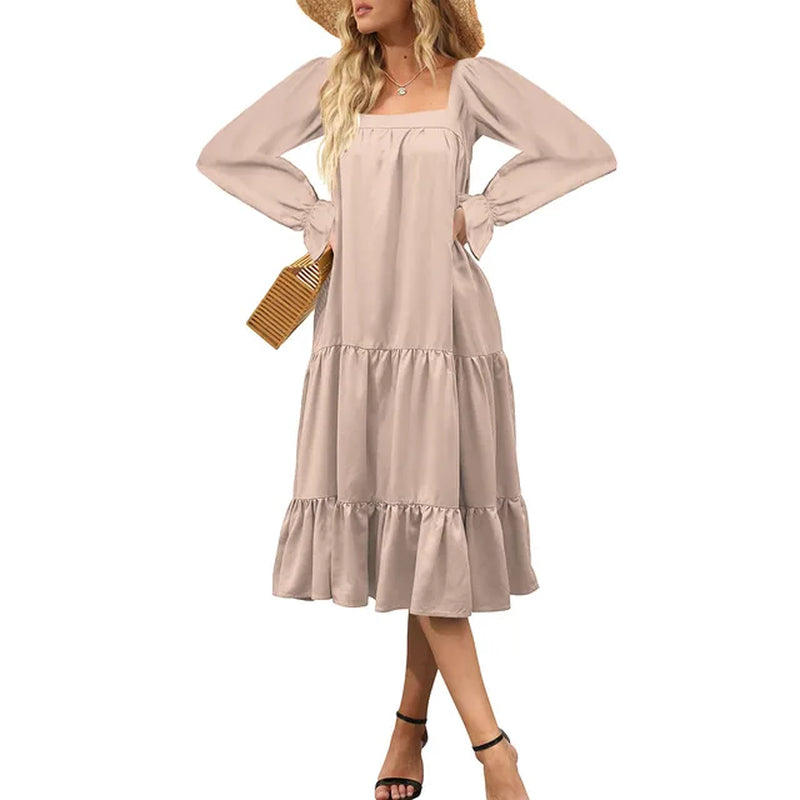 Women's Solid Color Square Collar Loose Pleated Beach Dress