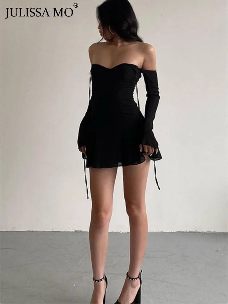 Spring Black Mesh Off-Shoulder Mini Dress for Women - Image 5