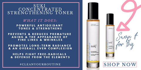 suki concentrated strengthening toner. what it does: powerful antioxidant tones and strengthens. prevents and reduces premature aging and the appearance of fine lines and wrinkles. promotes long-term radiance and an overall even complexion. helps fight free-radicals and defense from the elements. 