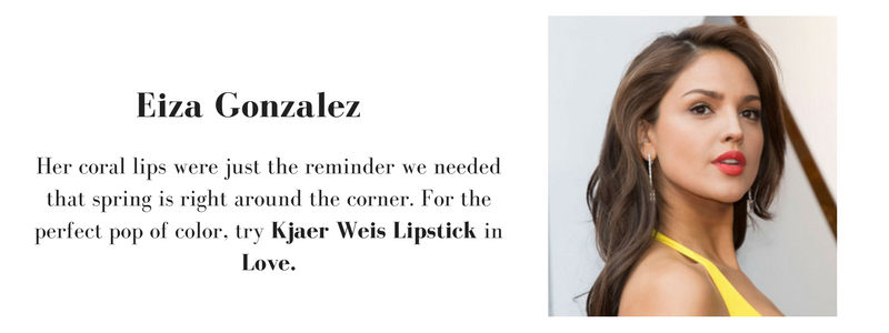 Eiza Gonzalez wearing a coral lip. to recreate her look, use kjaer weis lipstick in love 