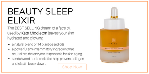 beauty sleep elixir. The BEST SELLING dream of a face oil used by Kate Middleton leaves your skin hydrated and glowing. a natural blend of 14 plant-based oils. a powerful anti-inflammatory ingredient that neutralizes the enzyme responsible for skin aging. sandalwood nut kernel oil to help prevent collagen and elastin break down.