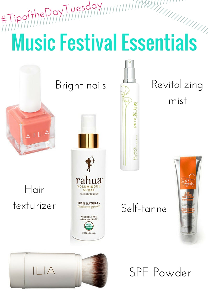 music festival essentials: bright nails. revitalizing mist. hair texturizer. self tanner. spf powder. 