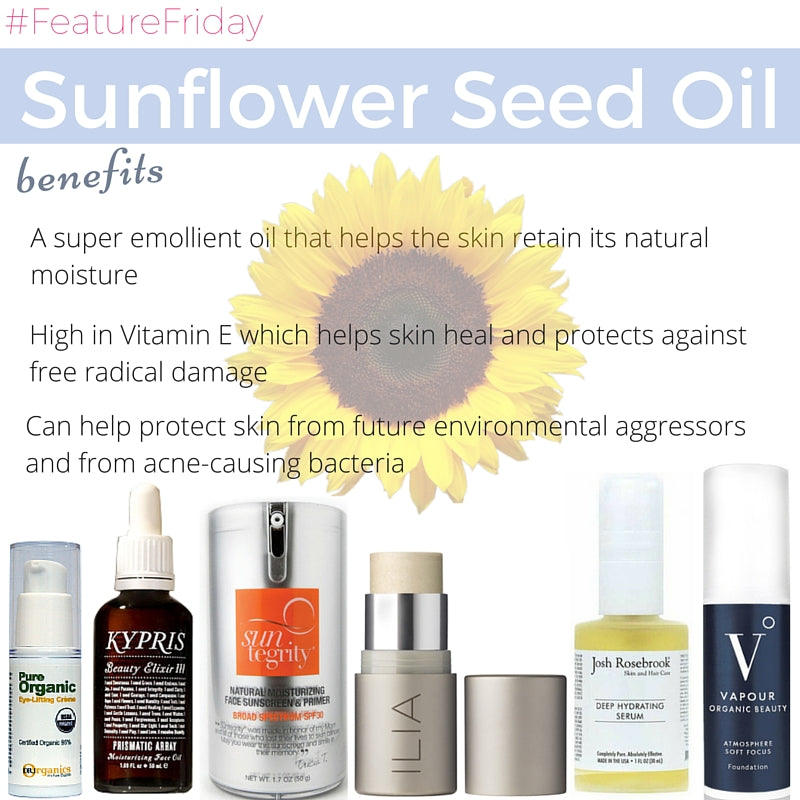sunflower seed oil benefits: a super emollient oil that helps the skin retain its natural moisture. high in vitamin e which helps skin heat and protects against free radical damage. can help protect skin from future environmental aggressors and from acne-causing bacteria. 