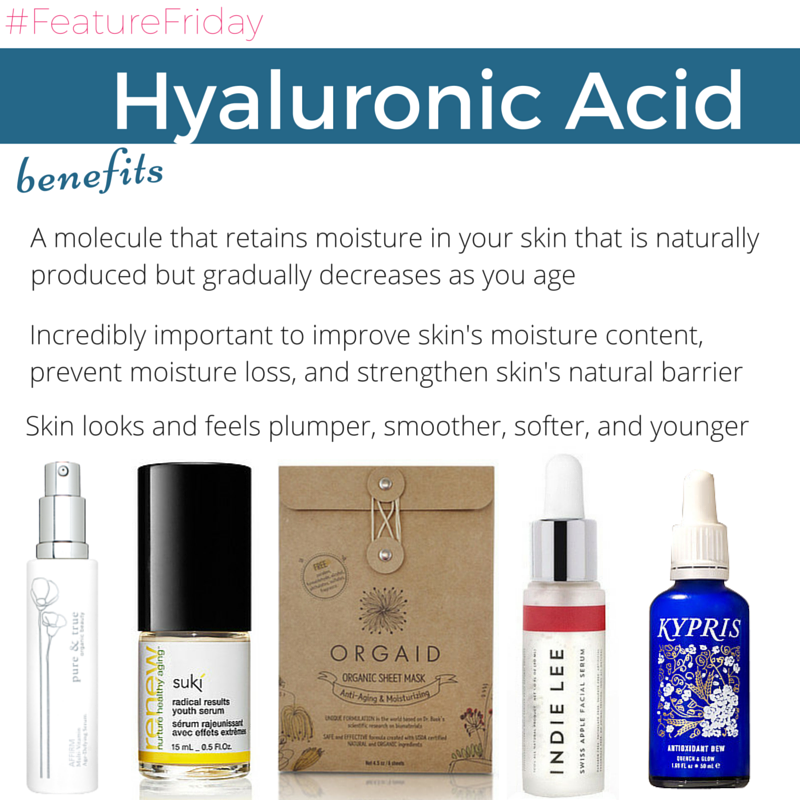 hyaluronic acid benefits: a molecule that retains moisture in your skin that is naturally produced but gradually decreases as you age. incredibly important to improve skin's moisture content, prevent moisture loss, and strengthens skin's natural barrier. skin looks and feels plumper, smoother, softer, and younger. 