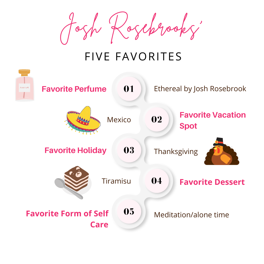 josh rosebrooks five favorites: favorite perfume is ethereal by Josh Rosebrook. favorite vacation spot is mexico. Favorite holiday is Thanksgiving. Favorite Dessert is Tiramisu. Favorite form of self care is meditation/alone time.